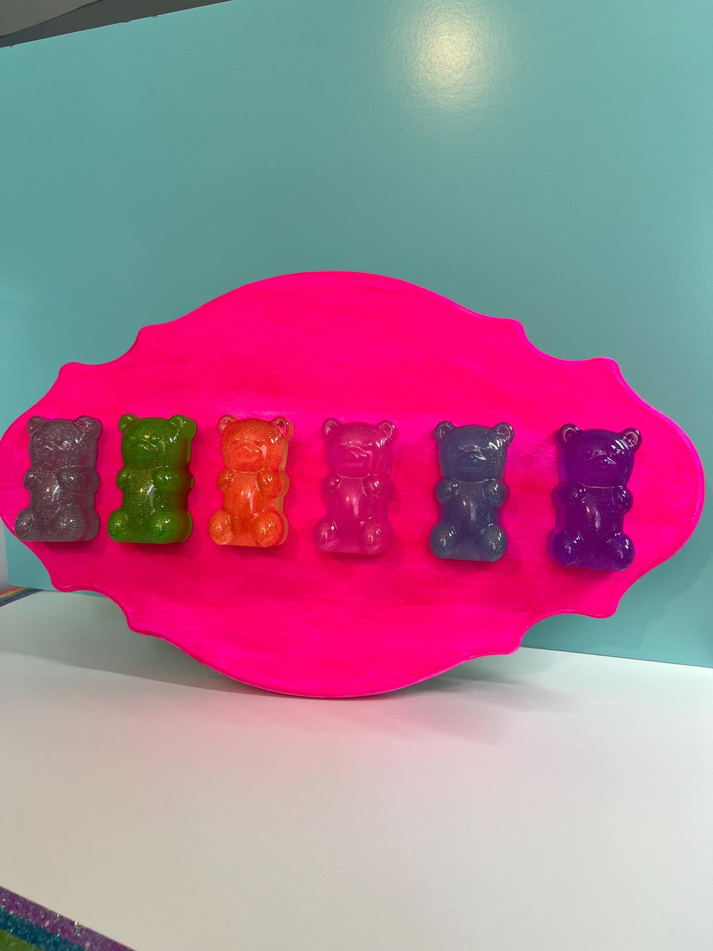 Rainbow Gummy Bears Ornate Filigree Frame Wall Art: Glitter Resin 3D Pop Art, Classic Gummy Bear Candy Shapes Statement Wall Art Hot Pink