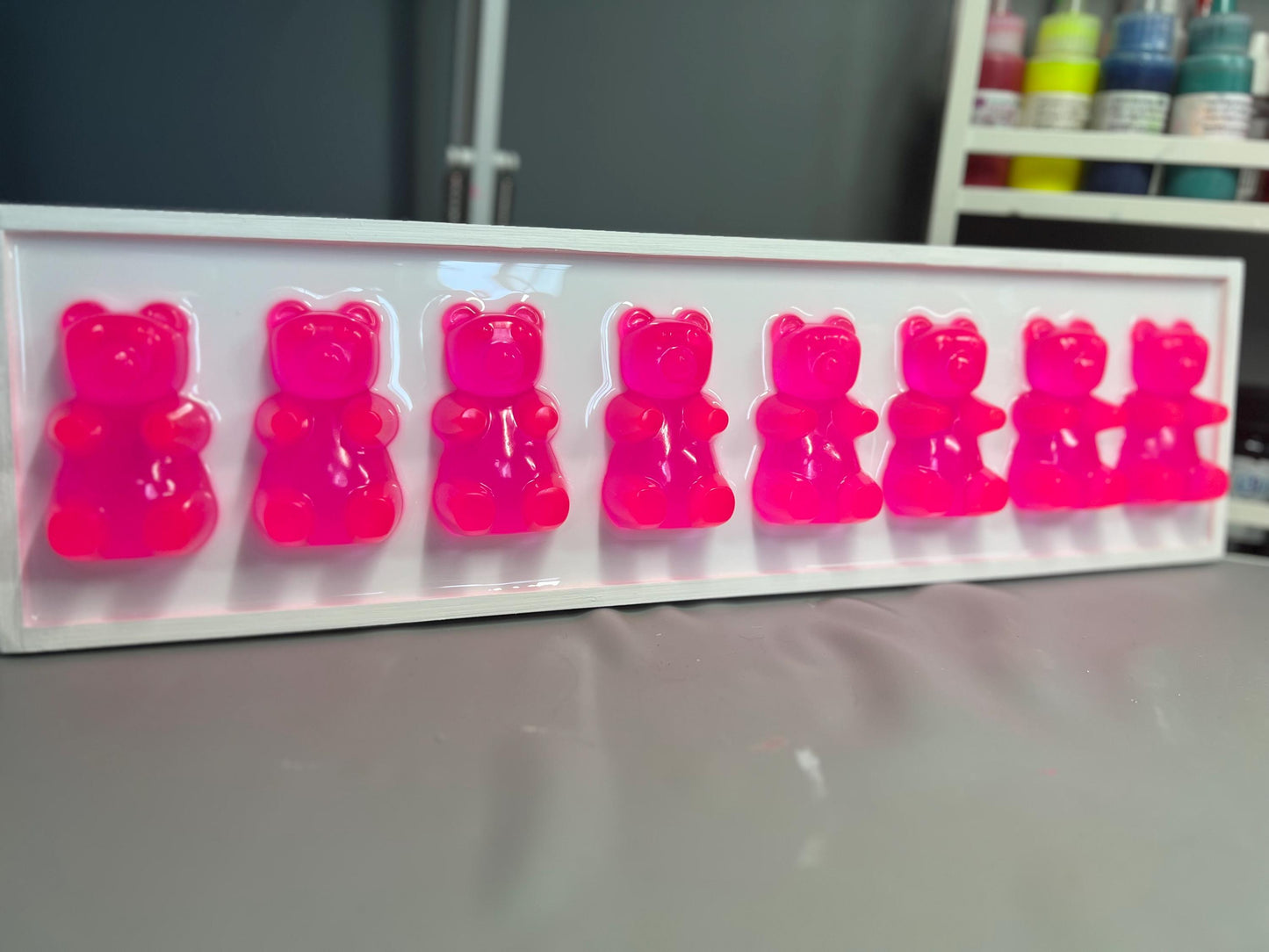 Pink Flight Gummy Bear Resin Wall Art: 3D Pop Art Decor, Nursery Kids Room Decor, Fun Neon Dopamine Apartment Wall Decor, Fake Candy