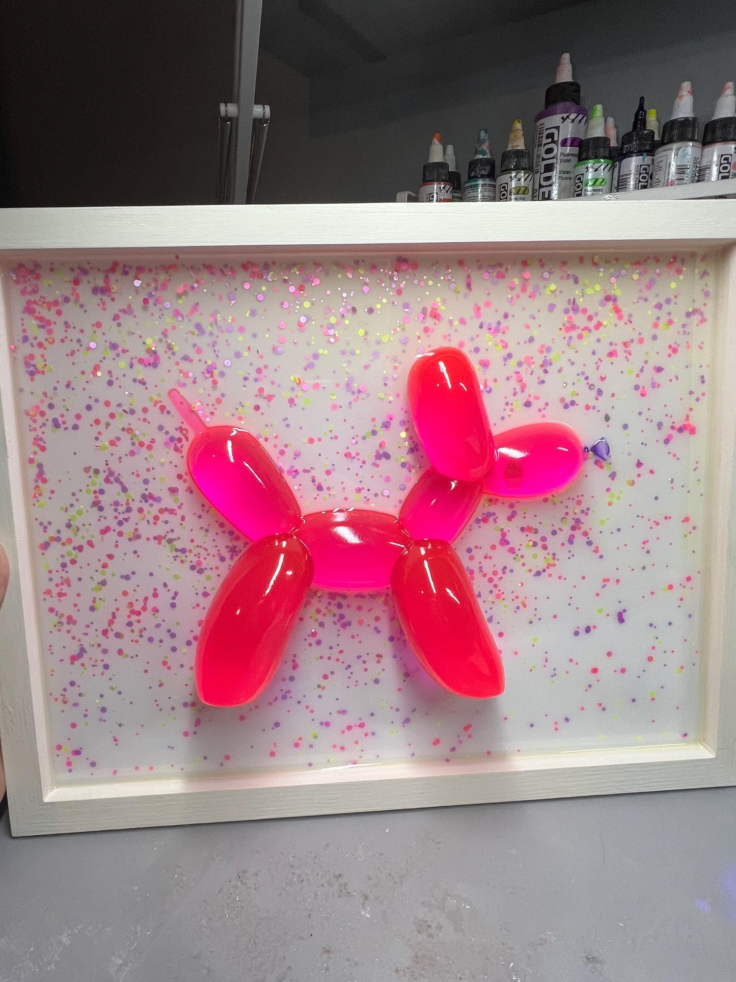 Neon Pink Balloon Dog Wall Art: 3D Confetti Resin Pop Art