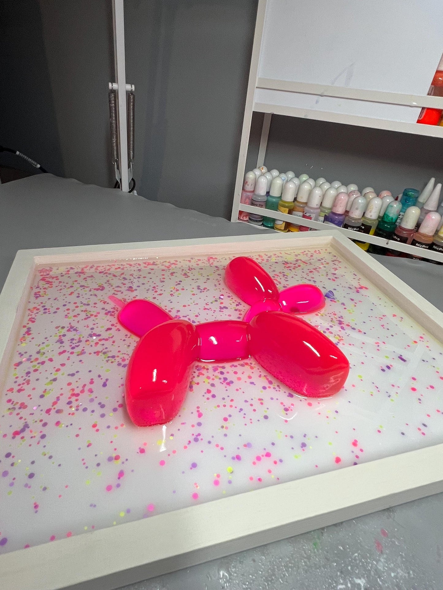 Neon Pink Balloon Dog Wall Art: 3D Confetti Resin Pop Art