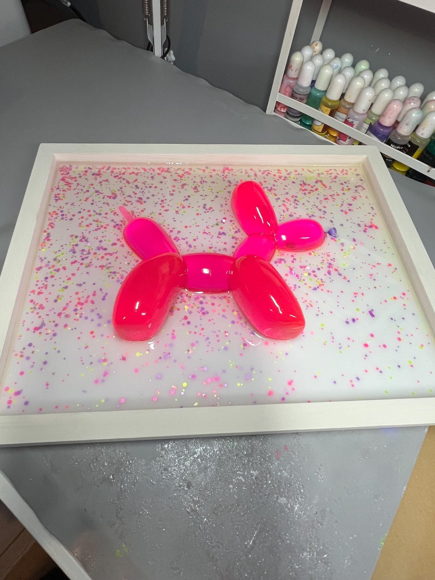 Neon Pink Balloon Dog Wall Art: 3D Confetti Resin Pop Art