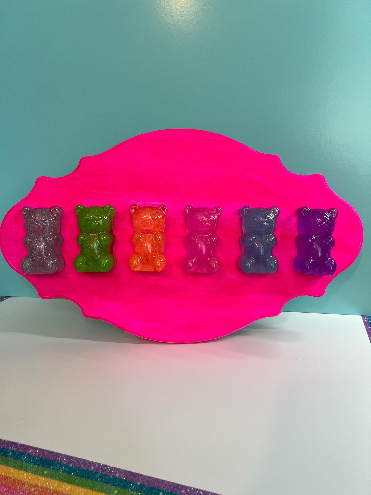 Rainbow Gummy Bears Ornate Filigree Frame Wall Art: Glitter Resin 3D Pop Art, Classic Gummy Bear Candy Shapes Statement Wall Art Hot Pink