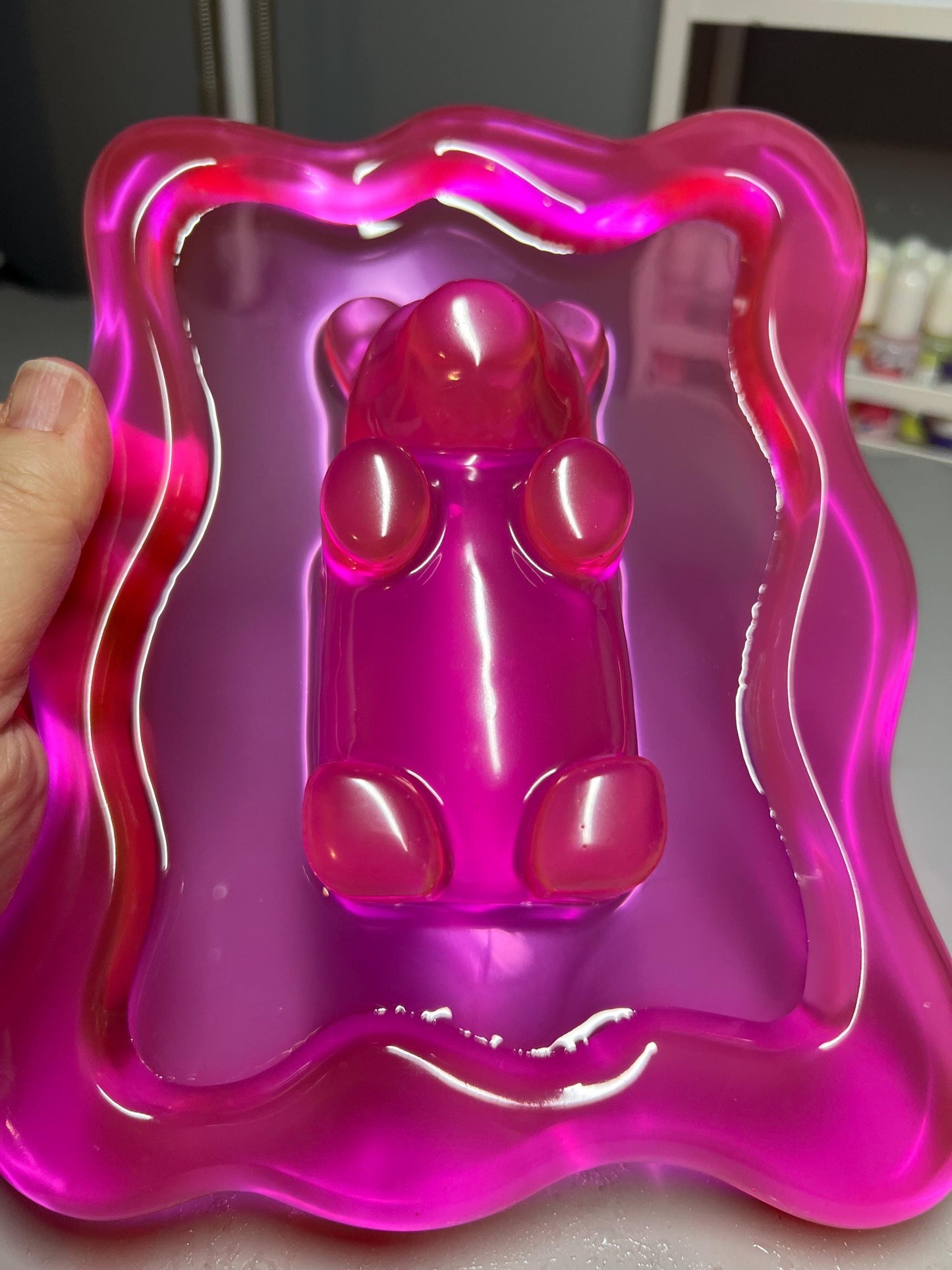 Hot Pink Gummy Bear Resin Wall Art – Y2K Candycore Pop Art Decor – Translucent Lucite Style Handmade Sculpture