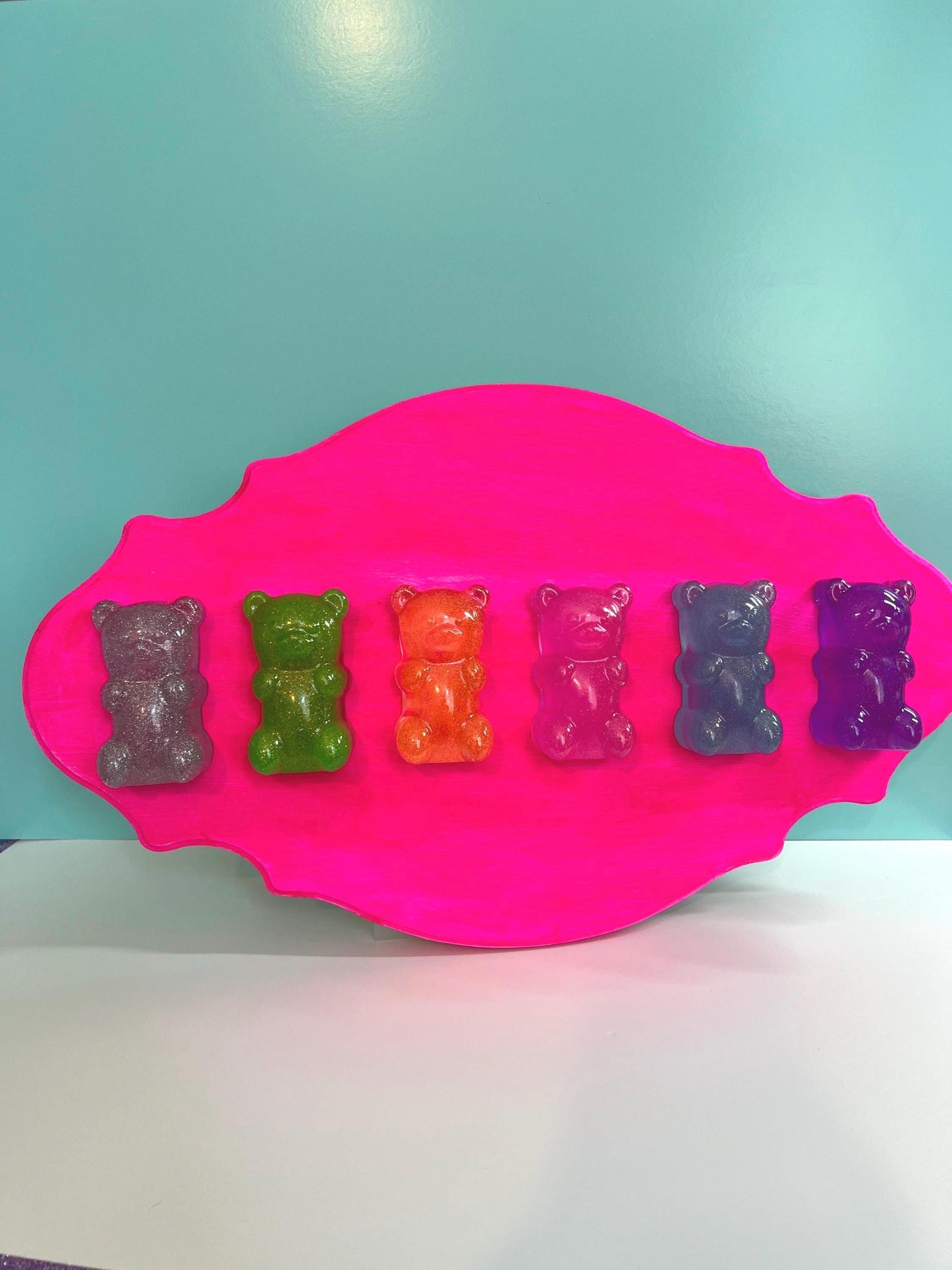 Rainbow Gummy Bears Ornate Filigree Frame Wall Art: Glitter Resin 3D Pop Art, Classic Gummy Bear Candy Shapes Statement Wall Art Hot Pink