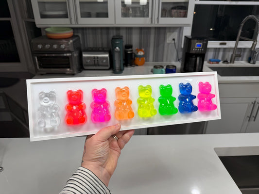 Neon Rainbow Gummy Bears Wall Art – 18x5 Handmade Resin Pop Art on Wood Frame | Colorful Dopamine Candy Decor Free US Shipping