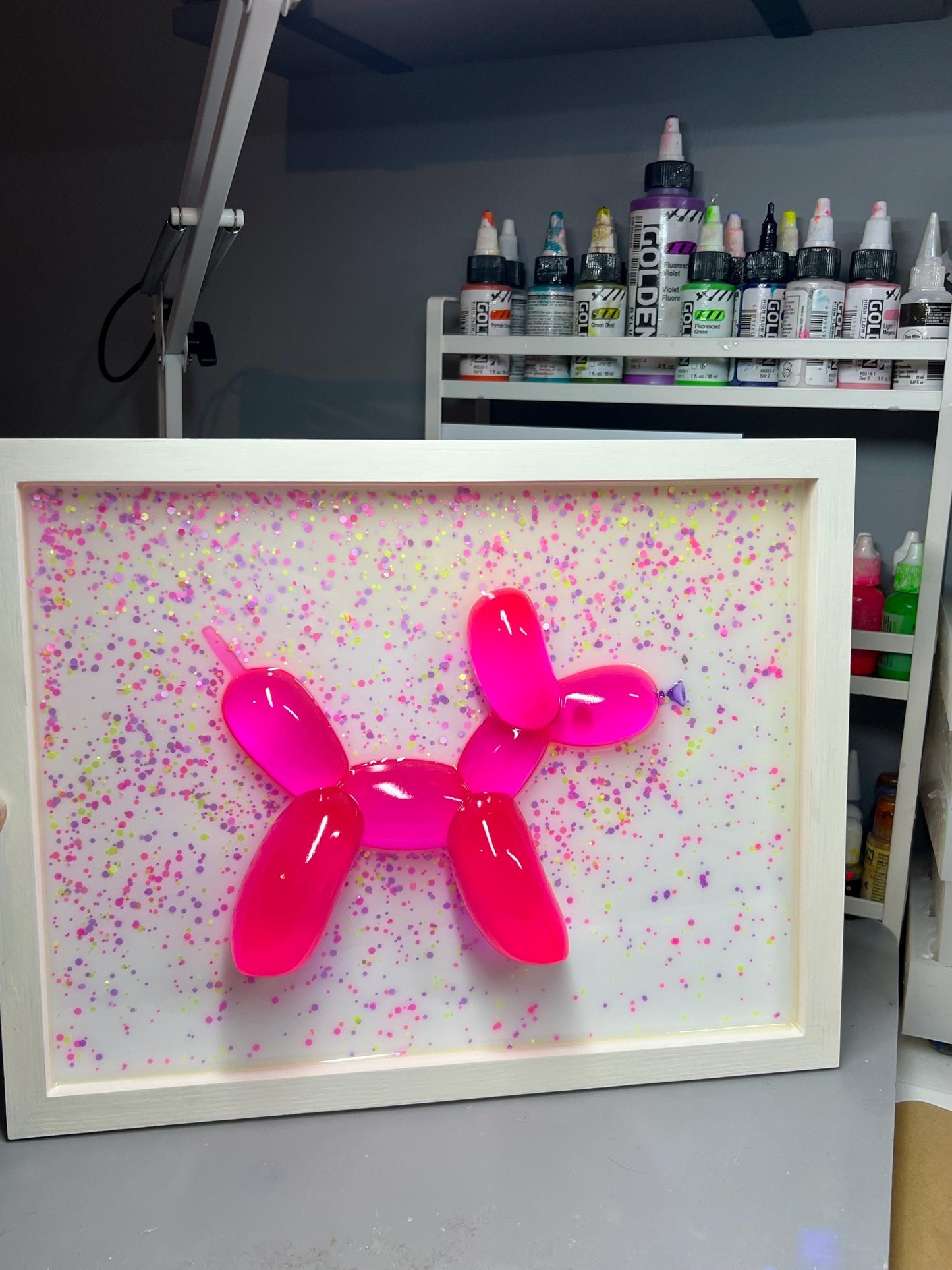 Neon Pink Balloon Dog Wall Art: 3D Confetti Resin Pop Art