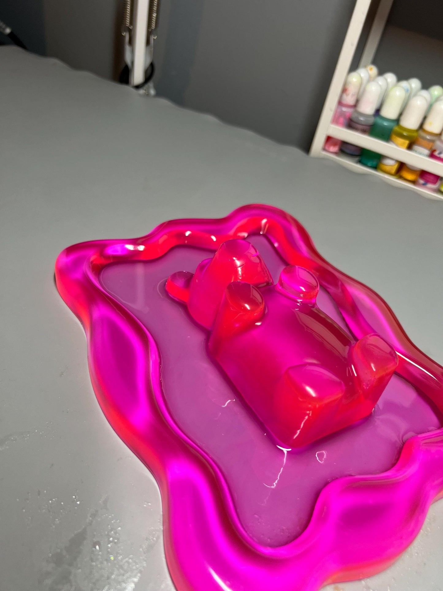 Hot Pink Gummy Bear Resin Wall Art – Y2K Candycore Pop Art Decor – Translucent Lucite Style Handmade Sculpture