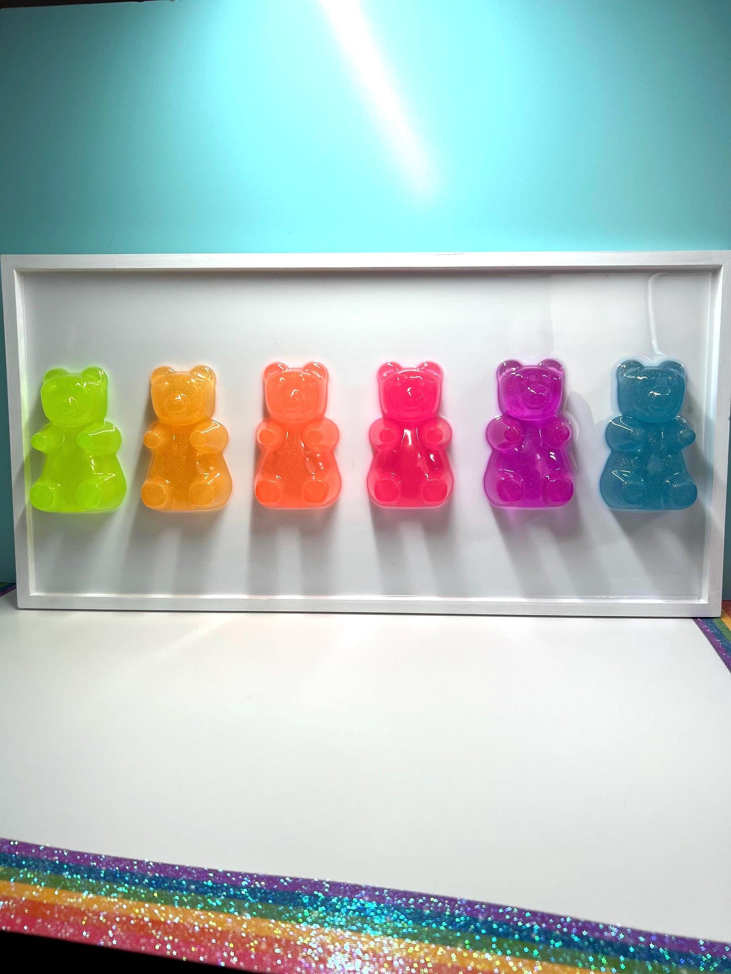 Glitter 5 inch Jumbo Neon Rainbow Gummy Bear Wall Art: 3D Pop Art Decor, Gallery Wall Nursery Wall Hanging, Dopamine Rush Kawaii Decor