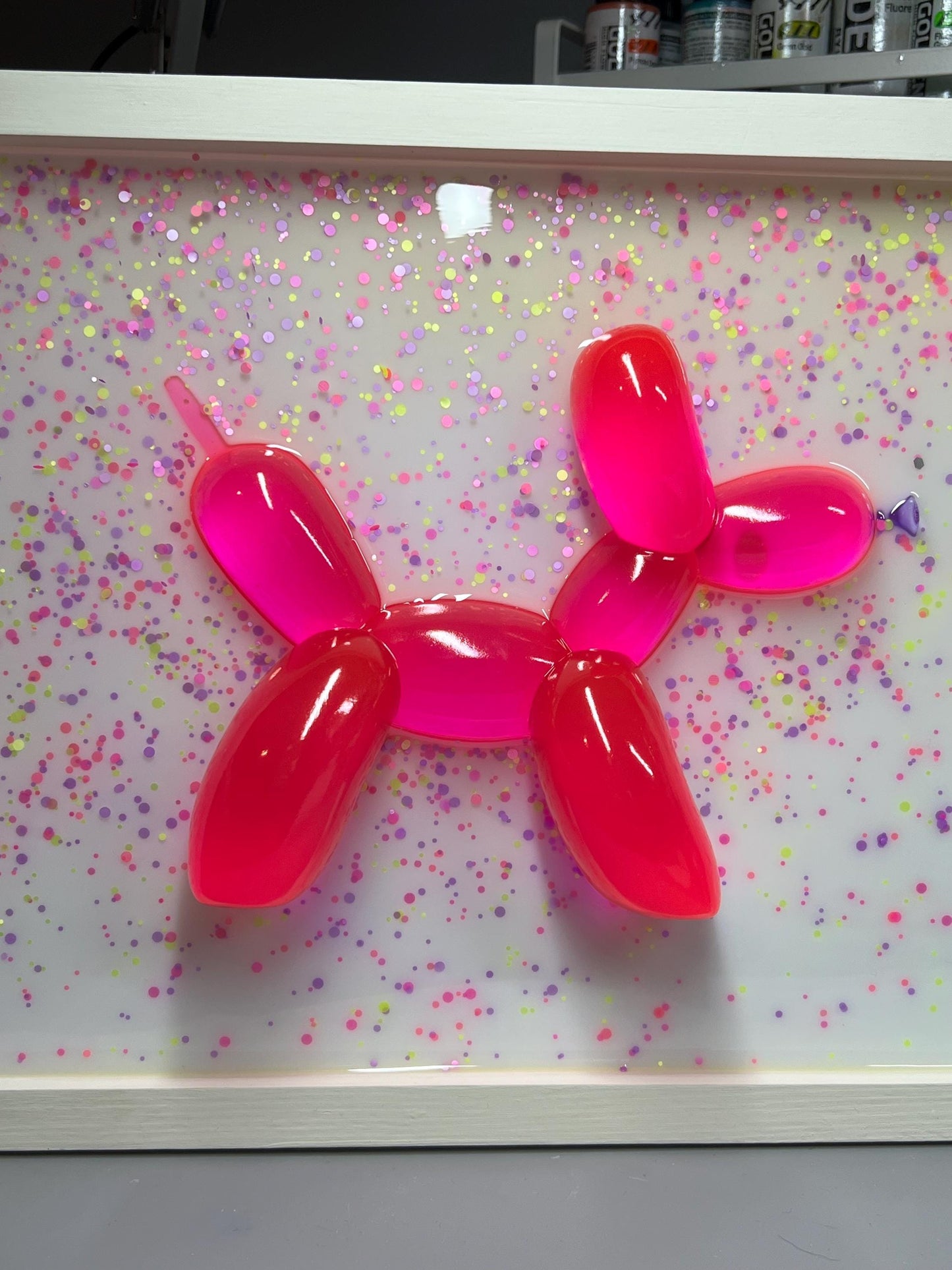 Neon Pink Balloon Dog Wall Art: 3D Confetti Resin Pop Art