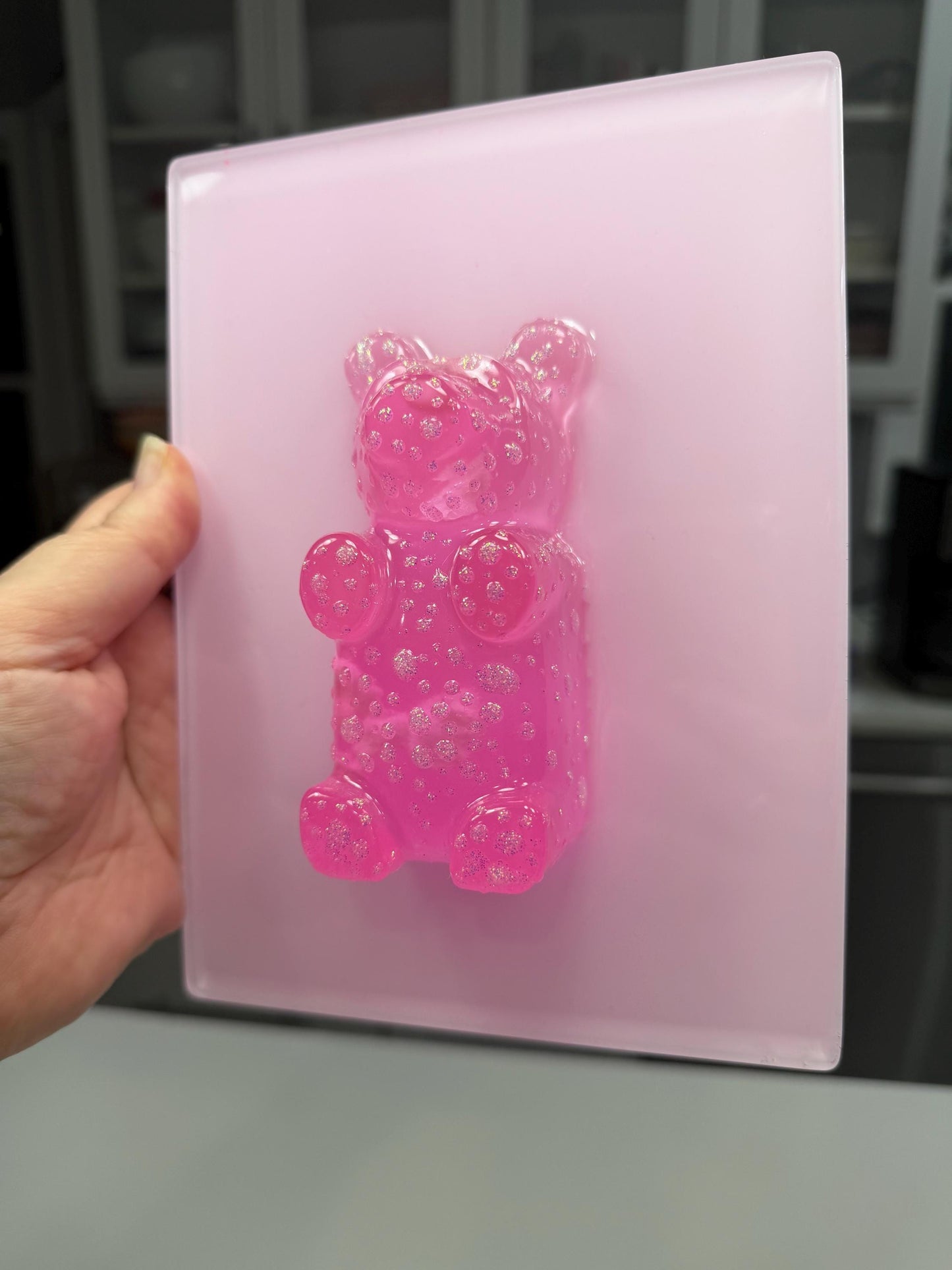 Pink Sparkle Gummy Bear Wall Art | Resin Pop Art Sculpture | 8x6” Candy Decor | Handmade Kawaii Wall Art | Cute Statement Art