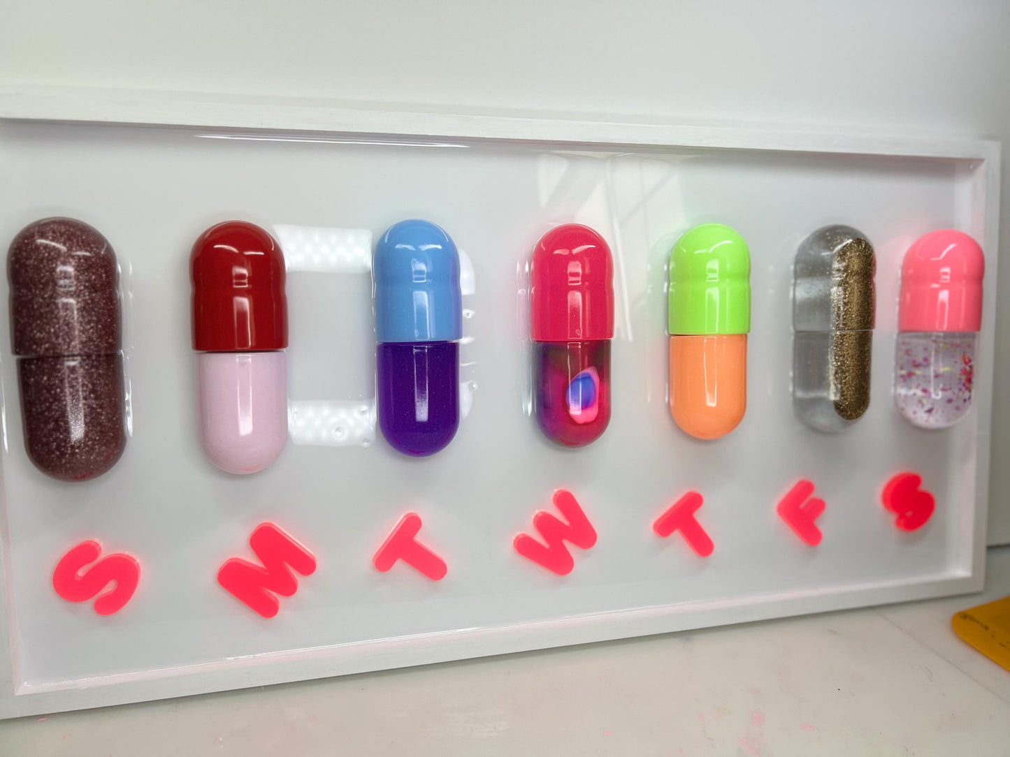 3D Pop Art 'Magic Pill' Wall Hanging: Resin Capsule Art, Dopamine Maximalist Office Wall Mount Decor, Mental Health Awareness Art