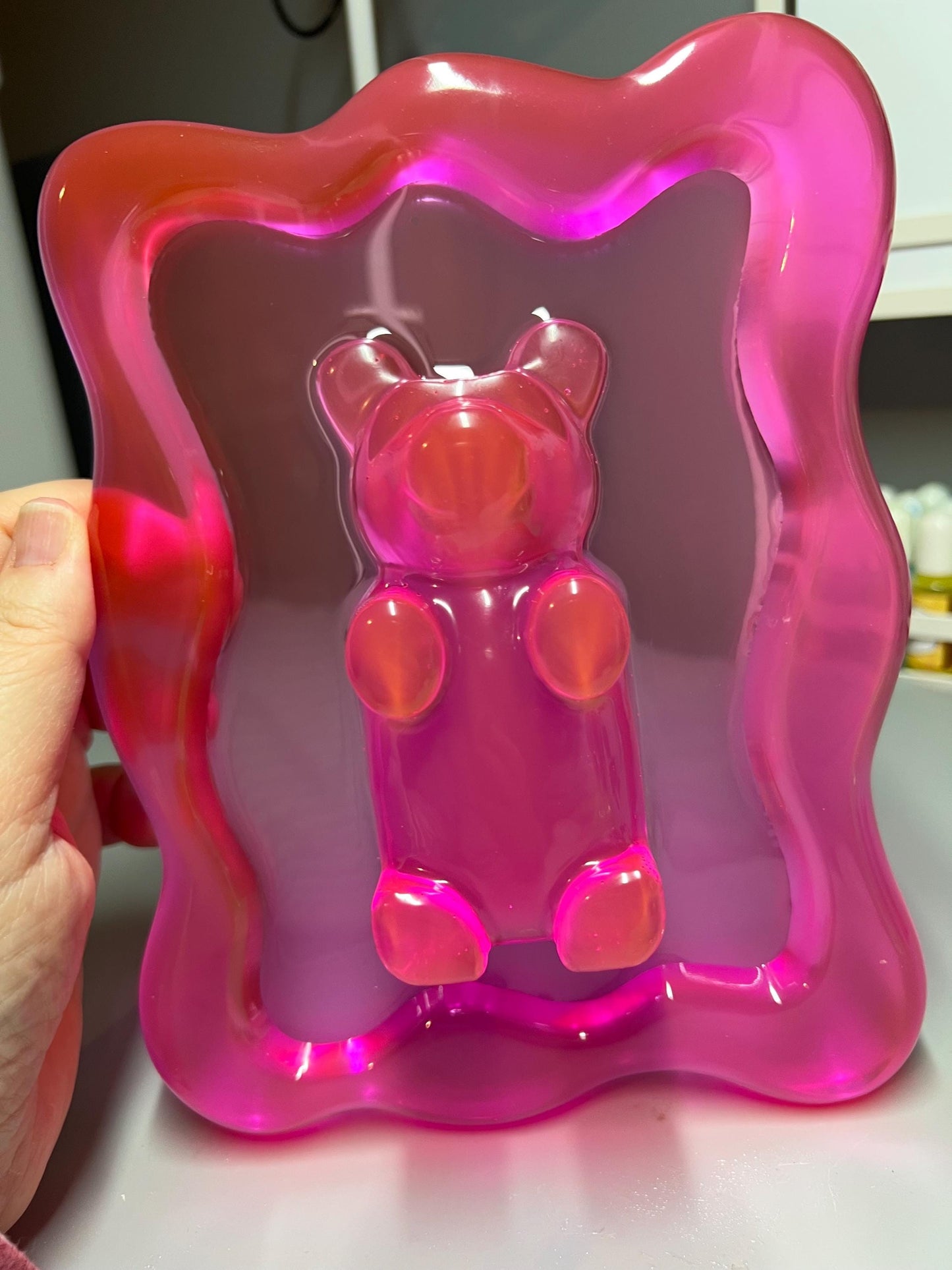 Hot Pink Gummy Bear Resin Wall Art – Y2K Candycore Pop Art Decor – Translucent Lucite Style Handmade Sculpture