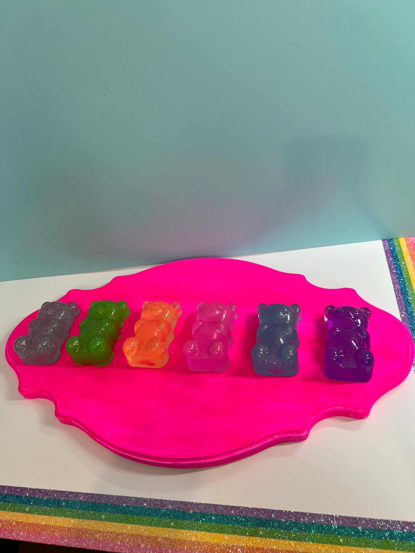 Rainbow Gummy Bears Ornate Filigree Frame Wall Art: Glitter Resin 3D Pop Art, Classic Gummy Bear Candy Shapes Statement Wall Art Hot Pink