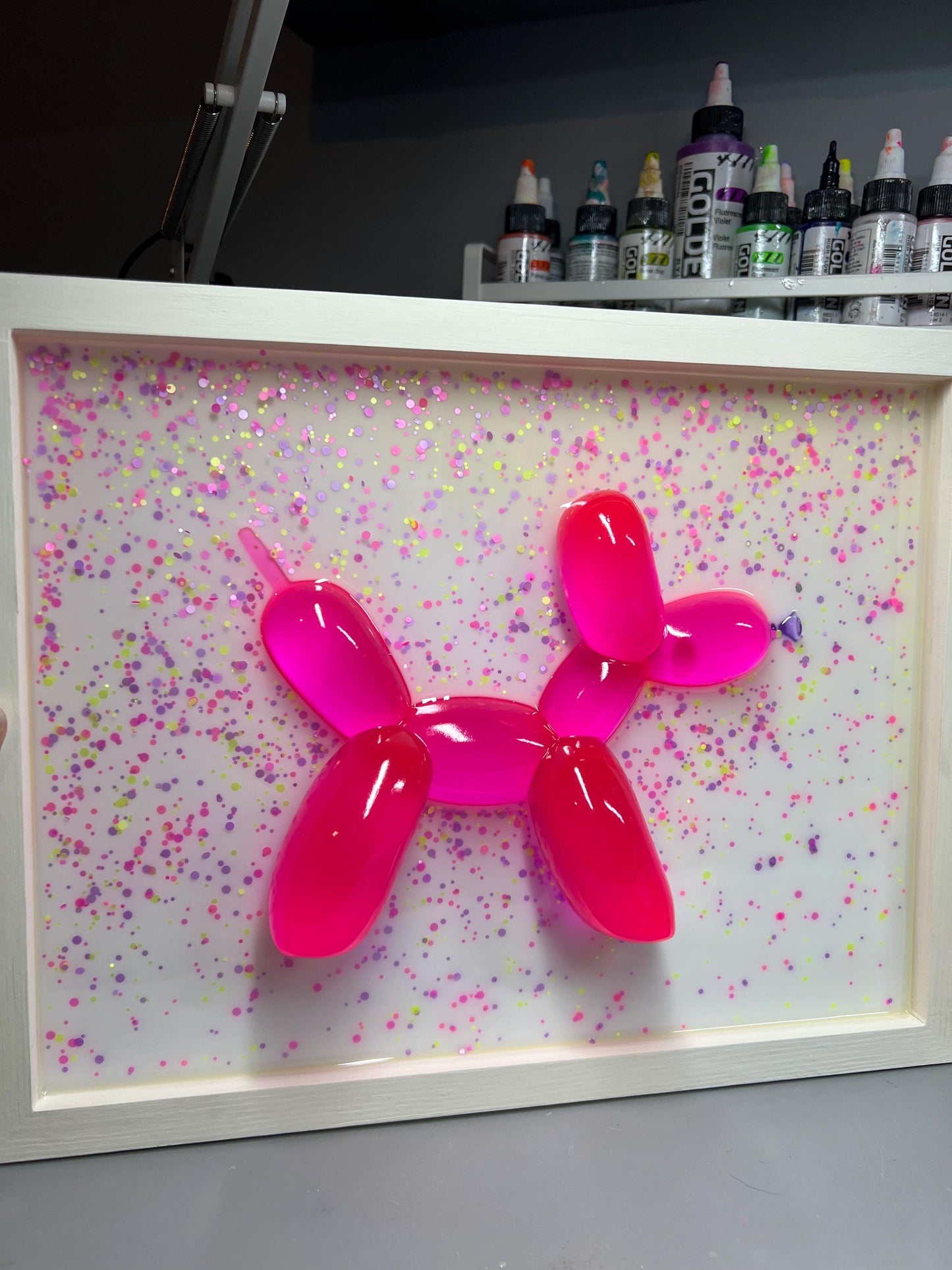 Neon Pink Balloon Dog Wall Art: 3D Confetti Resin Pop Art