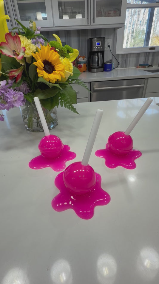 Neon BubblegumPink Melting Lollipop Resin Sculpture – OOAK Pop Art Candy Decor